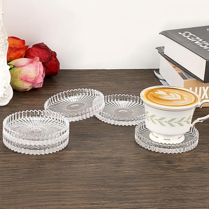 Modern Clear Coaster Set of 5- Glass Coasters for Drinks Crystal Coasters Round Cup Mat Coffee Table Decor for Office, Kitchen, Bar, Dining Room, Living Room, Patio (Clear) - Image 4
