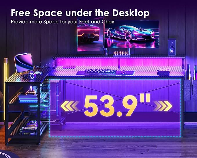 ODK 66 Inch L Shaped Gaming Desk with LED Lights, Power Outlets, Black | Adjustable Monitor Stand, Open Storage Shelves, Hanging Side Bag, PC Tower Stand, Reversible Layout for Gaming - Image 4