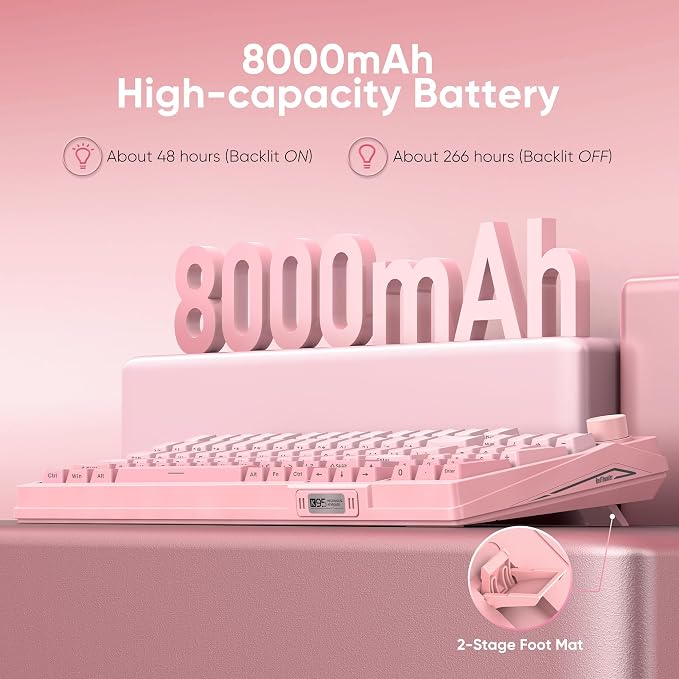 RedThunder K95 Wireless Mechanical Keyboard, TFT Screen & Knob, Triple-Mode, Custom Gasket Mount Hot-Swap, Pre-lubed Linear Pink Switches, RGB Backlit, Side-Printed PBT Keycaps, Gradient Sakura Pink - Image 7