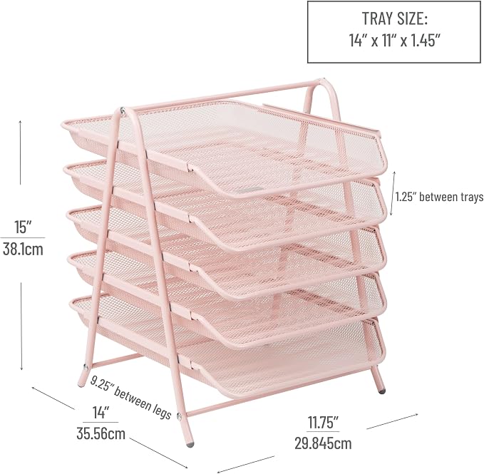 Mind Reader 5-Tier Paper Tray Organizer, Vertical Desktop File Storage Rack, Office, Metal Mesh, Pink (Pack of 6) - Image 3