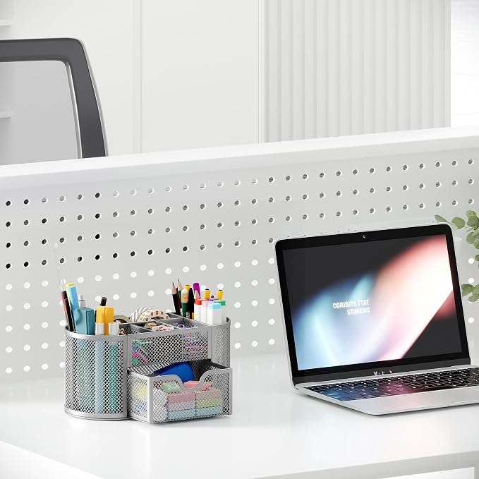 EasyPAG Mesh Pen Holder Desk Organizer with Drawer Stationery Supplies Organizer for Dorm School 9 Compartments Workspace Desk Accessories Organization for Office, Silver - Image 6