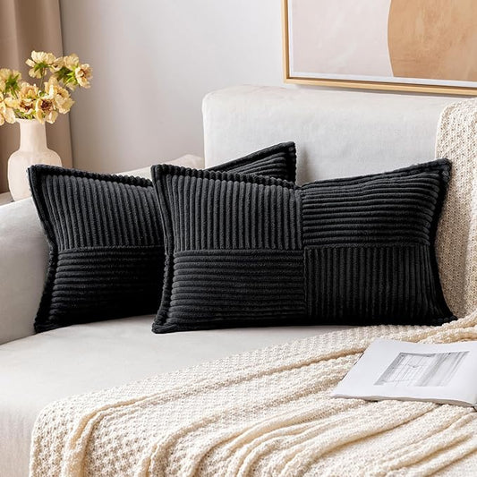 MIULEE Decorative Lumbar Throw Pillow Covers for Couch Bed Livingroom 12x20 Inch Set of 2 Black Boho Accent Throw Pllows Broadside Striped Patchwork Soft Corduroy Pillowcases by MIULEE
