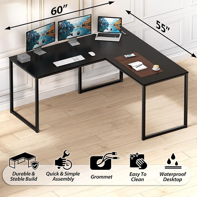 SHW Mission 55 x 60 L-Shape Home Office Computer Desk, Black | Reversible Desktop Design - Image 4