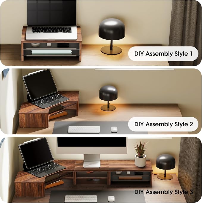 Fenge Dual Monitor Stand, 2-Tier Corner Monitor Riser with Drawer and Slide-out Tray, Triangle Desktop Shelf Organizer for Laptop Computer Printer Home Office Desk, Brown - Image 4