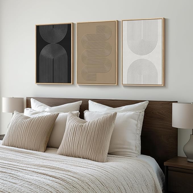 Framed Black and White Brown Abstract Wall Art, 3 Piece Boho Geometric Canvas Prints Paintings Artwork for Walls, Modern Minimalist Neutral Pictures for Living Room Dining Room Bedroom Wall Decor 16x24 In - Image 2