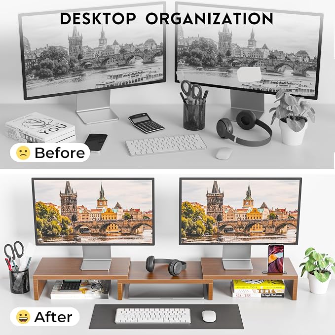 BONTEC Dual Monitor Stand Riser with Smartphone Holder, Adjustable Length & Swivel Angle, Ergonomic Wooden Desktop Organizer for PC Monitor, Laptop, Printer, Large Storage, 42.5 in, Walnut - Image 4