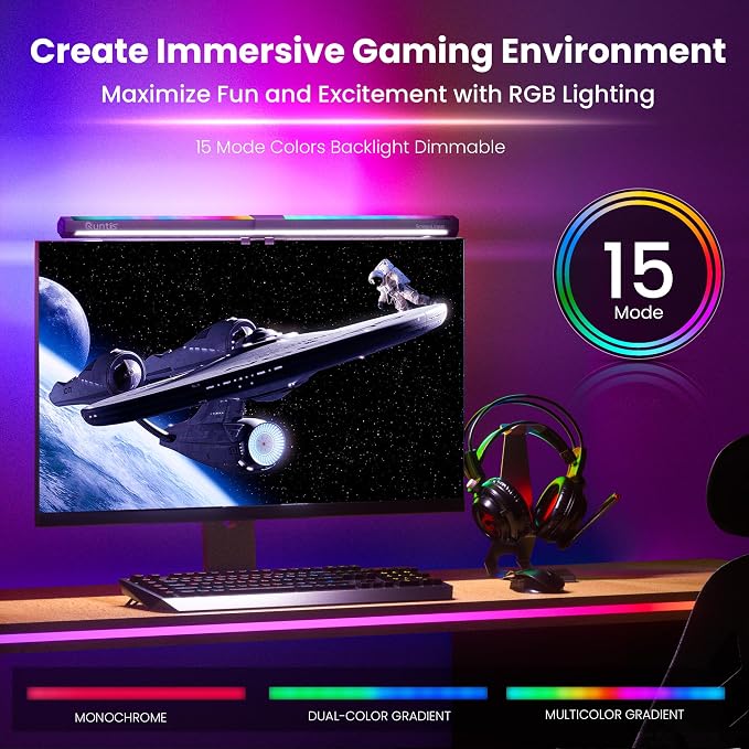 Quntis Monitor Light RGB PRO Backlight, Eye-Care Dual Light Computer Light Bar Gaming Office Desk Lamp, 15 Modes Dimmable Backlight, 3 Color Temperature Adjustable Brightness, Ra95 Screen Light Bar - Image 6