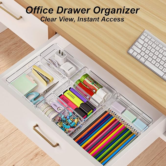 SMARTAKE 7 PCS Drawer Organizer, 4-Size Desk Drawer Organizer Trays | Storage Tray with Non-Slip Silicone Pads for Makeup, Jewelries, Utensils in Bedroom Dresser, Office and Kitchen (Clear) - Image 4