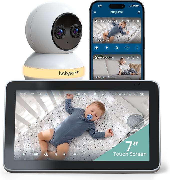Babysense Touch 7" Touchscreen Smart WiFi Baby Monitor with App, Camera and Audio, Night Light, 4MP Dual-Lens with 6X Zoom, AI Auto Tracking, Focus Area, Split-Screen, VOX/ECO Mode, No Subscription by MostAwardedBabyMonitorBrand