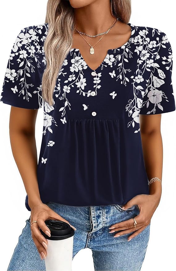 Zeagoo Womens Short Sleeve Tops Summer Henley V-Neck Tshirts Casual Pleated Blouse Dressy Loose Floral Basic Tee - Image 2