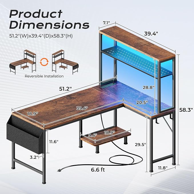 PRAISUN L Shaped Gaming Desk with LED Lights & Power Outlets, Reversible Computer Desk with Storage Shelves & Bag, Large Corner Home Office Desk with Pegboard for Work from Home, Rustic Brown - Image 2
