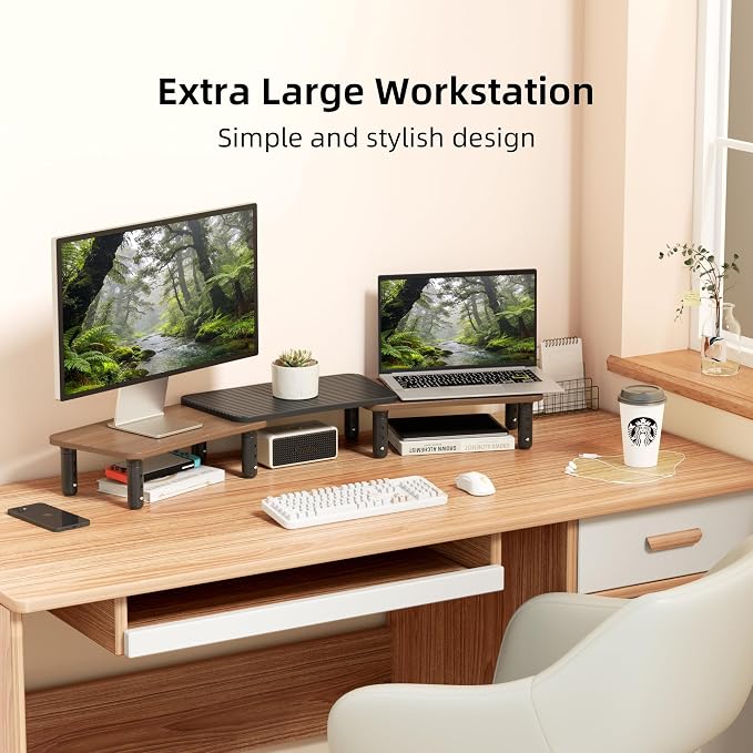 Dual Monitor Stand For Desk,Adjustable Height Long Wood Computer Riser | For Computer,Notebooks,Laptop,Printer,TV,Decoration for Office & Home ,Walnut - Image 2
