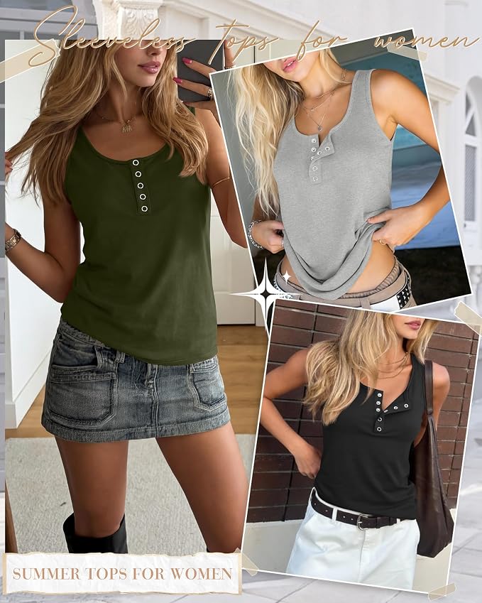 Ficerd 3 Pack Women's Henley Tank Tops Sleeveless Button Down Summer Shirts 2026 Casual Trendy Loose U Neck Tee Blouses - Image 2