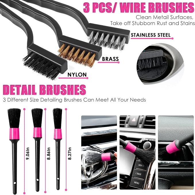 20PCS Car Cleaning Kit, Pink Car Interior Detailing Kit with Drill Brush Set, Windshield Cleaning Tool, Detailing Brushes, Wire Brushes, Cleaning Gel, Complete Cleaning Supplies for Women - Image 5