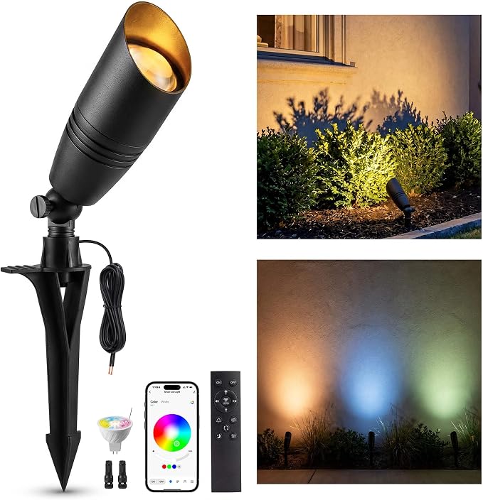 Smart RGBCW Outdoor Color Changing Spotlight, 12v Low Voltage Landscape Lighting for Yard, App & Remote Control, Replaceable Bulb, IP65 Waterproof, Transformer and Wire Not Included, 1 Pack by Varmtalys