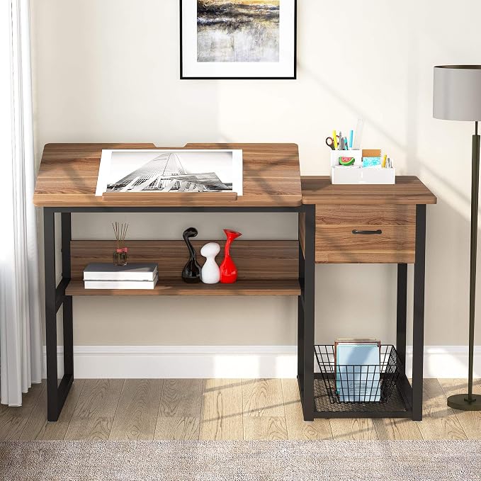 Tribesigns Drafting Table with Storage Drawers, Drawing Computer Desk Artist Craft Table Painting Desk Workstation with Shelves and Tiltable Tabletop for Students, Home Office - Image 4