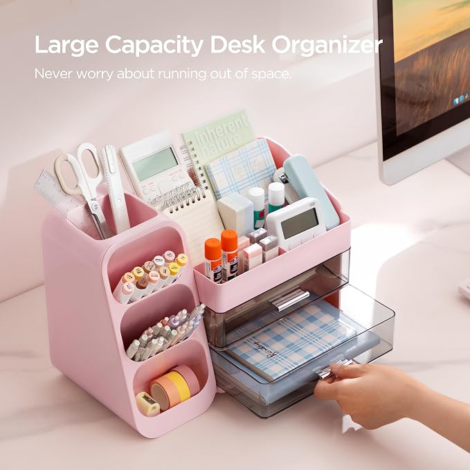 HBlife Desk Organizer with Pen Pencil Holder for Desk, Pen Organizer with 2 Drawers, Desk Organizers and Accessories with 4 Compartments, Desktop Storage for Office Home School Art Supplies, Pink - Image 2