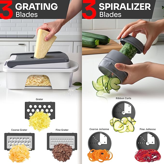 Mueller Pro-Series All-in-One, 12 Blade Mandoline Slicer for Kitchen | Spiralizer, Food Chopper, Vegetable Slicer, Cutter, Dicer, Grater, Kitchen Gadgets with Container, White Sand/Gray - Image 5