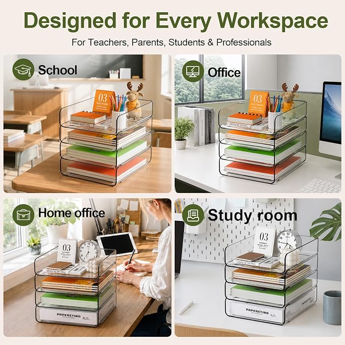 FANXIYQ 4-Tier Acrylic Paper Tray Organizer, Clear Stackable Desk File Organizer for Documents, Files, Letters, A4 Paper, Books, Notes, Mail & Paper Storage, Office Classroom Home - Image 5