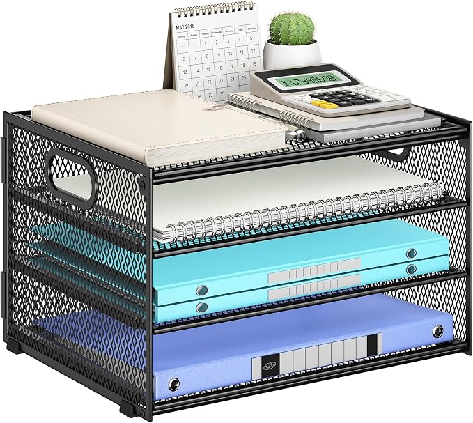 Subekyu Paper Letter Tray Organizer for Desk, Black Metal Mesh Desk File Sorter Organizer with Handle and 2 Sliding Trays for Home Office School Supplies Organization by SUBEKYU