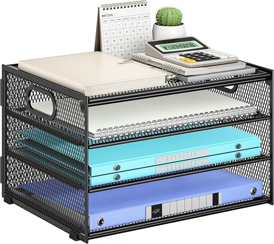 Subekyu Paper Letter Tray Organizer for Desk, Black Metal Mesh Desk File Sorter Organizer with Handle and 2 Sliding Trays for Home Office School Supplies Organization by SUBEKYU