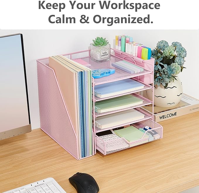 Desk Organizers and Accessories, 5-Tier Paper Letter Tray Organizer with File Holder, Drawer & Pen Holder, Office Desk Accessories, Desktop Organizer for Classroom Office Supplies, Pink - Image 5