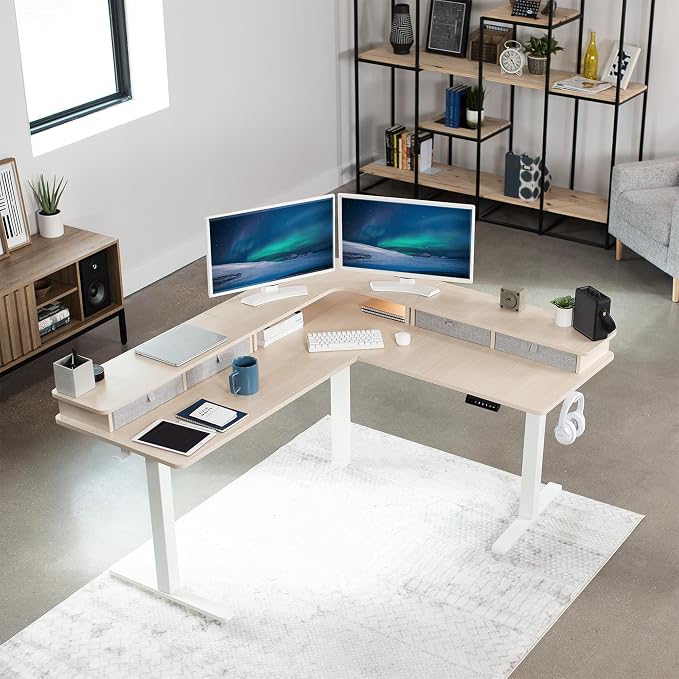 VIVO Light Wood 63 x 55 in Corner Standing Desk, DESK-E3CVC | Electric, 2-Tier, L-Shaped, Sit Stand, Height Adjustable, Memory, Light Wood Top, Black Frame, Light Gray Drawers - Image 7