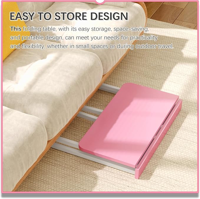 4NM 31.5" Mobile Small Folding Desk, Foldable Rolling Computer Home Office Desk, Study Writing Table for Small Space Saving Bedroom, with Wheels - Pink and White - Image 5