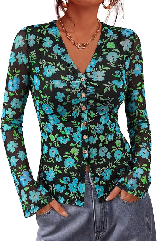 BTFBM Button Down Shirts for Women 2026 Fall Boho Tops V Neck Long Sleeve Blouses Ruched Mesh Fitted Fashion Clothing by BTFBM