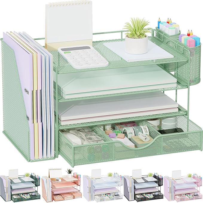 gianotter 4-Tier Desk Organizer with Drawers, File Holders, Letter Trays and Pen Holders - Workspace Accessories for Office Supplies (Sage Green) by gianotter