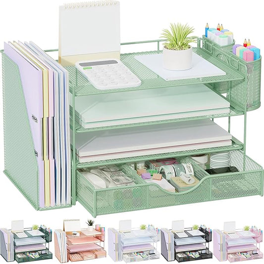 gianotter 4-Tier Desk Organizer with Drawers, File Holders, Letter Trays and Pen Holders - Workspace Accessories for Office Supplies (Sage Green) by gianotter