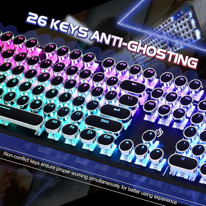YSCP Typewriter Style Mechanical Gaming Keyboard RGB Backlit Wired with Blue Switch Retro Round Keycap 104 Keys Keyboard (R-Black) - Image 5
