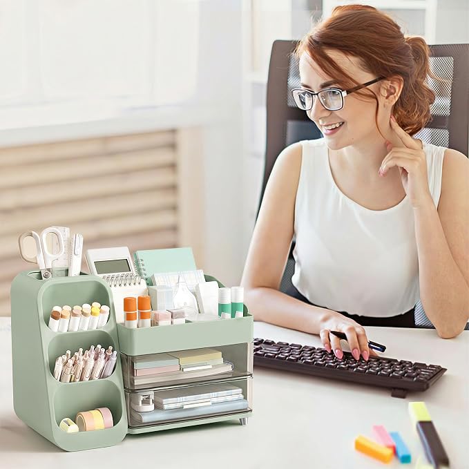 HBlife Desk Organizer with Pen Pencil Holder for Desk, Pen Organizer with 2 Drawers, Desk Organizers and Accessories with 4 Compartments, Desktop Storage for Office Home School Art Supplies, Green - Image 7