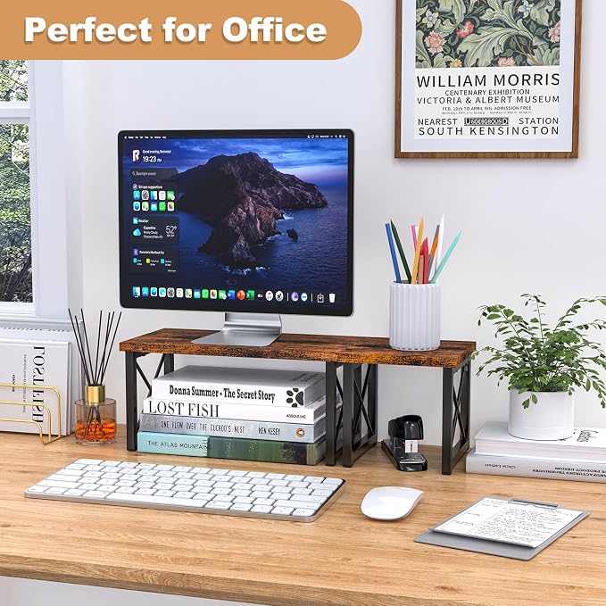 HavenlyYouth Desk Shelf, 2 Tier Wood Desktop Bookshelf, Adjustable Freestanding Stackable Desk Organizer, Desktop Shelf Organizer Storage Rack, Desk Display Rack for Office, Home, Rustic - Image 2