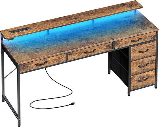 Huuger Gaming Desk with 6 Drawers, Computer Desk with LED Lights Power Outlets and Type-C, 55 Inch Office Desk with Storage, Monitor Stand, Writing Desk for Home Office, Rustic Brown, 1CD102F by Huuger