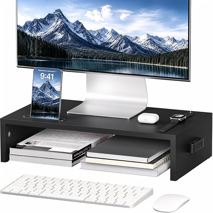 1home Monitor Stand Riser, 16.7 Inch Wood Monitor Riser Stand with Storage Organizer, Desktop Ergonomic Monitor Stand Riser with Cellphone Holder and Cable Management, Black | 16.7 Inch Wood Monitor Riser Stand, Desktop Stand for PC/TV/Laptop/Printer, ... by BONTEC
