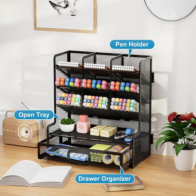 Marbrasse Larger Mesh Desk Organizer with Drawer, Multi-Functional Pen Pencil Holder, Easy Assembly, Desk Organizers and Accessories for Office Art Supplies (Black) - Image 3