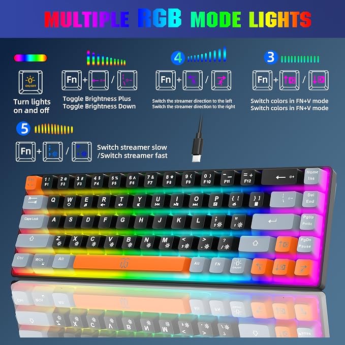 Snpurdiri 60% Percent Gaming Keyboard (68 Keys, Black-Grey-Orange) | Compact RGB Backlit Small Gaming Keyboard for Windows, PC, Laptop - Image 5