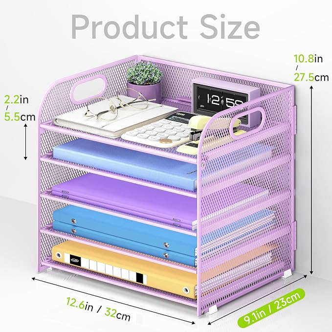 Cawukege 5 Tier Paper Organizer with Handle, Metal Mesh Desk Organizer File Folder Paper Letter Tray Desktop Document Sorter for Classroom, School, Office Accessories Organization and Storage - Purple - Image 5
