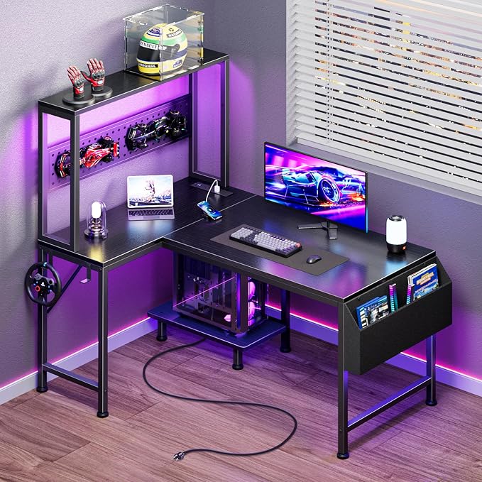 PRAISUN L Shaped Gaming Desk with LED Lights & Power Outlets, Reversible Computer Desk with Storage Shelves & Bag, Small Corner Home Office Desk with Pegboard for Work from Home, Black by PRAISUN