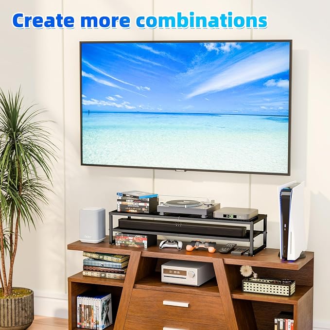 Simple Trending 2-Tier Dual Monitor Stand with Mouse Pad, Metal, Black | 32"W x 10"D x 7"H. Mesh cooling. Holds 100 lbs. Bottom tier fits keyboard & Xbox. Non-slip base. Free mouse pad. - Image 4