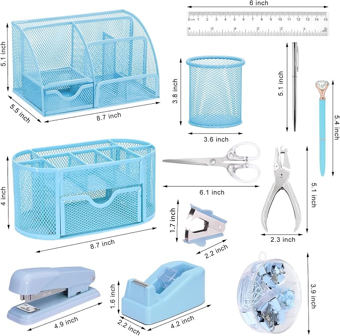 17 in 1 Blue Desk Organizers and Accessories Set, 3 Office Desk Supplies Storage Organization, 4 Pens, Stapler, Staples & Remover, Tape & Dispenser, Scissors, Ruler, Clips, Hole Punch, Back to School - Image 2
