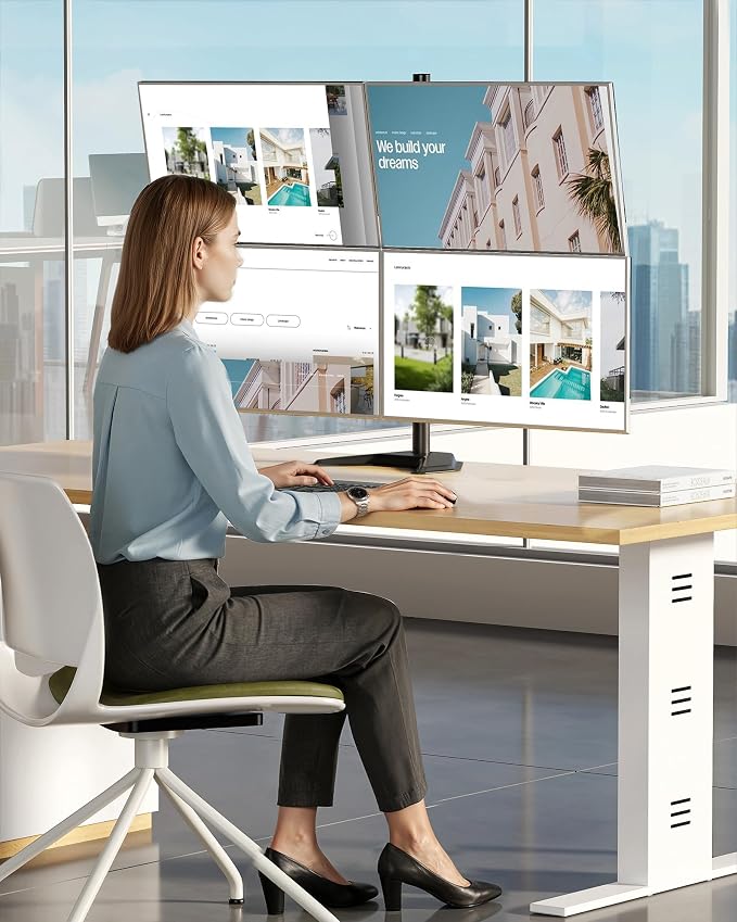 monTEK Freestanding Quad Monitor Stand for Four 17-32" Screens, 22 lbs Each | Solid V-shaped base, four-screen full-motion arms, height adjustment, tilt, swivel, rotation and VESA 75/100 - Image 7
