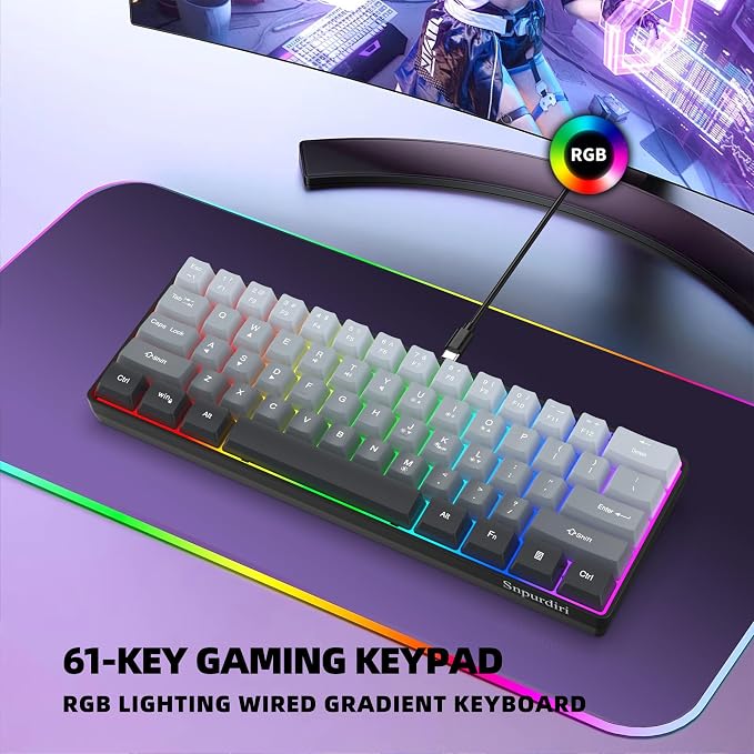 Snpurdiri 60% Wired Gaming Keyboard, 61 Keys RGB (Grey-Black) | Backlit Ultra-Compact Small Gaming Keyboard, for PC/Mac Gamer, Typist, Travel, Easy to Carry on Business Trip - Image 6