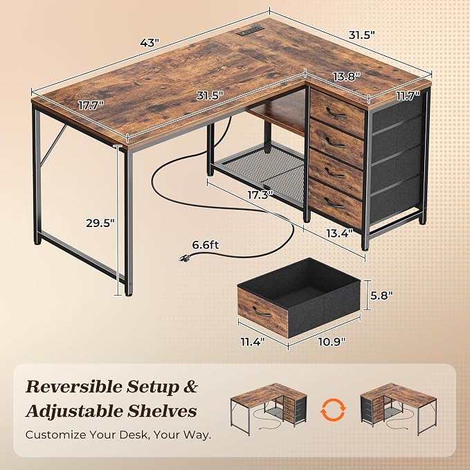 PRAISUN 43.3" Small Computer Desk with Power Outlets & USB-C Port, Reversible L Shaped Corner Office Desk with 4 Fabric Drawers and 2 Adjustable Storage Shelves, for Gaming Writing, Rustic Brown - Image 2