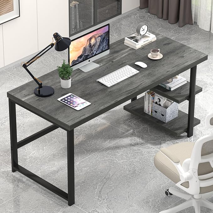 EXCEFUR Industrial Computer Desk, Home Office Desk with Storage Shelves, Wood Study Writing Table for Bedroom, Living Room, Grey, 53 Inch - Image 3