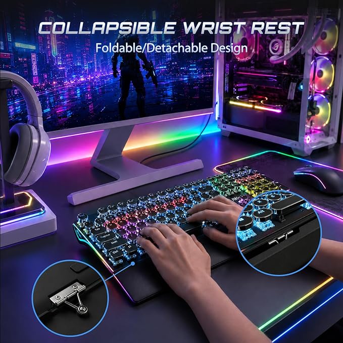 RK ROYAL KLUDGE S108 Typewriter Mechanical Keyboard, Wired Gaming Keyboard with Number Pad, Full Size Retro Keyboards w/Detachable Wrist Rest for Mac/Win/PC, Clicky Blue Switch, Rainbow Backlit Black - Image 6