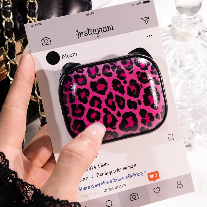 for AirPods Pro 2 Case with Cleaning Kit, Cute Cat Ear Print Design & Cute Buckle for Girls, Phone Holder & Top Safe Lock Buckle Design for AirPods Pro 2nd/1st Gen case, Rose Leopard - Image 4