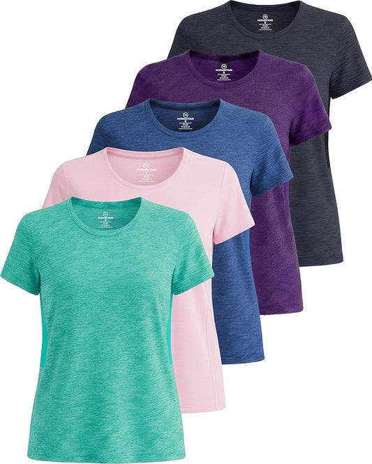 5 Pack Women's Dry Fit Short Sleeve Athletic Gym Workout Running Tops | Available in Plus Size, Exercise, Sports, Fitness, Quick Dry, Cooling, Moisture Wicking, Loose Basic Tees, Yoga, Pilates by RealEssentials