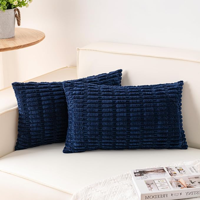 Aegero Pack of 2 Corduroy Decorative Throw Pillow Covers 12x20 InchSoft Boho Striped Pillow Covers Modern Farmhouse Home Decor for Sofa Living Room Couch Bed(Blue) by Unknown